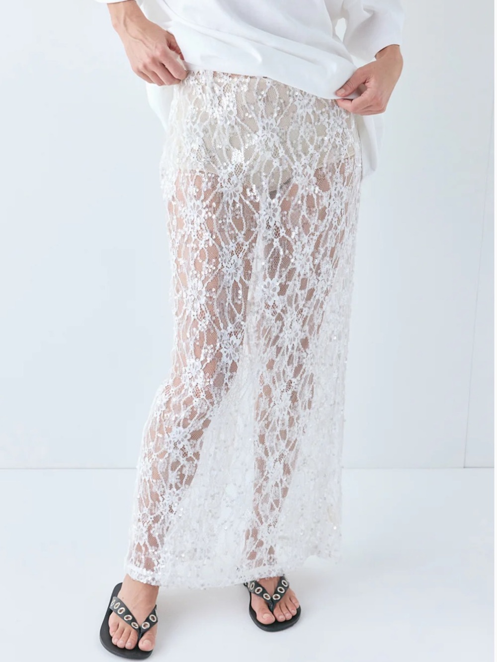 Devyn Sequin Lace Midi Skirt - White